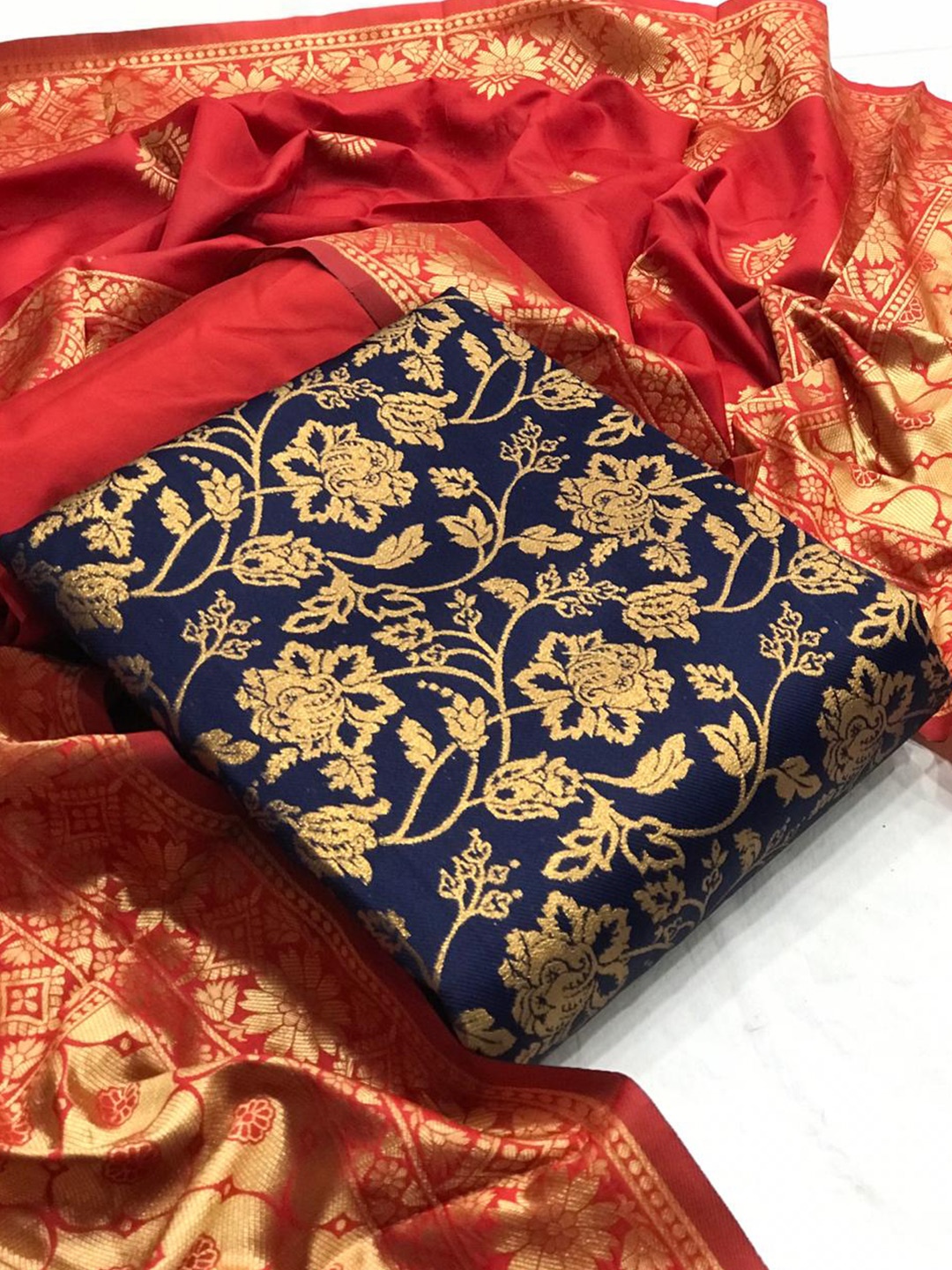 

MORLY Blue & Red Dupion Silk Unstitched Dress Material