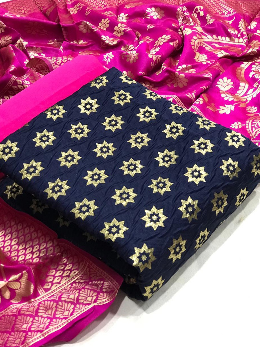 

MORLY Blue & Pink Dupion Silk Unstitched Dress Material