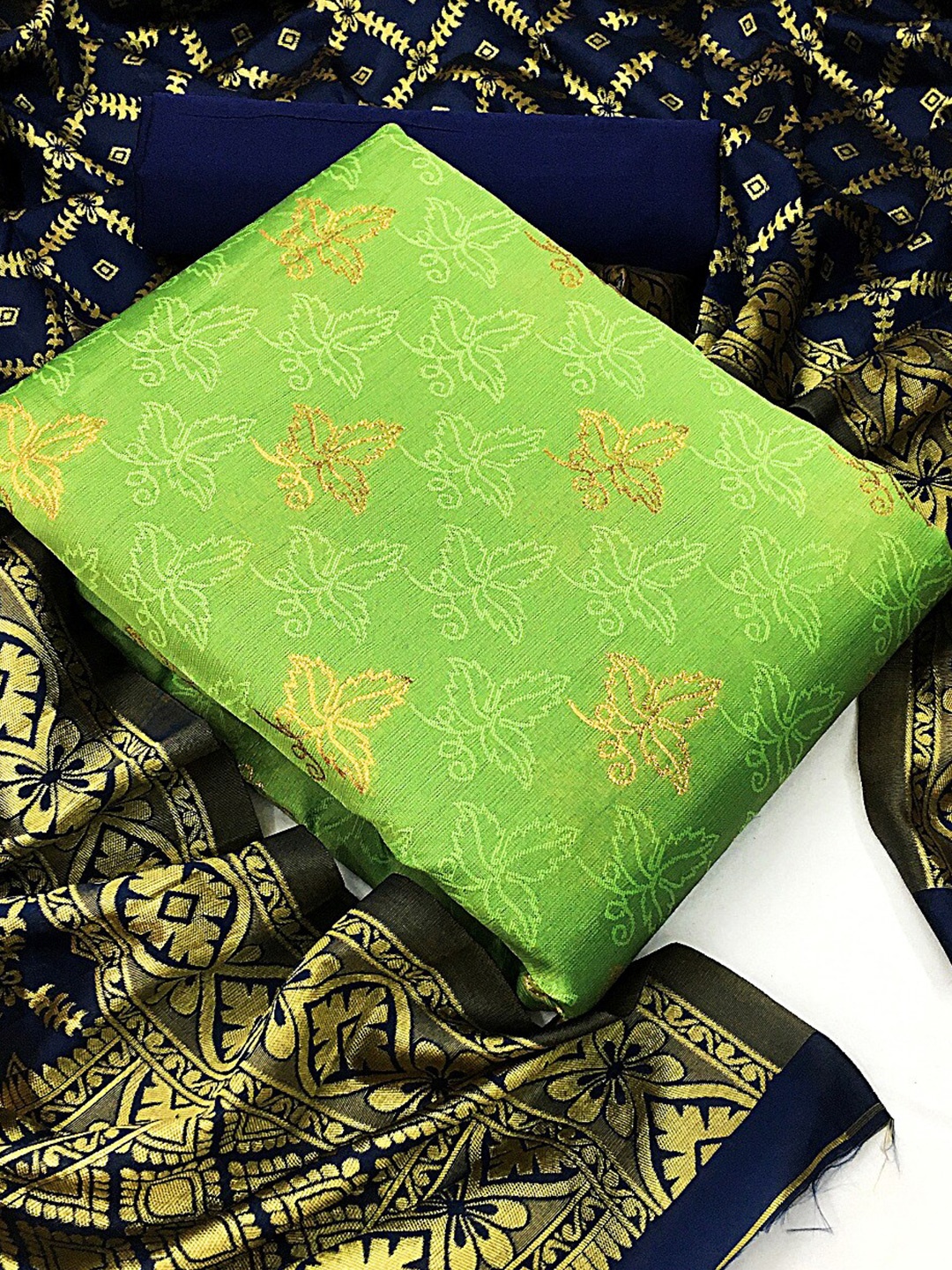 

MORLY Sea Green & Navy Blue Dupion Silk Unstitched Dress Material