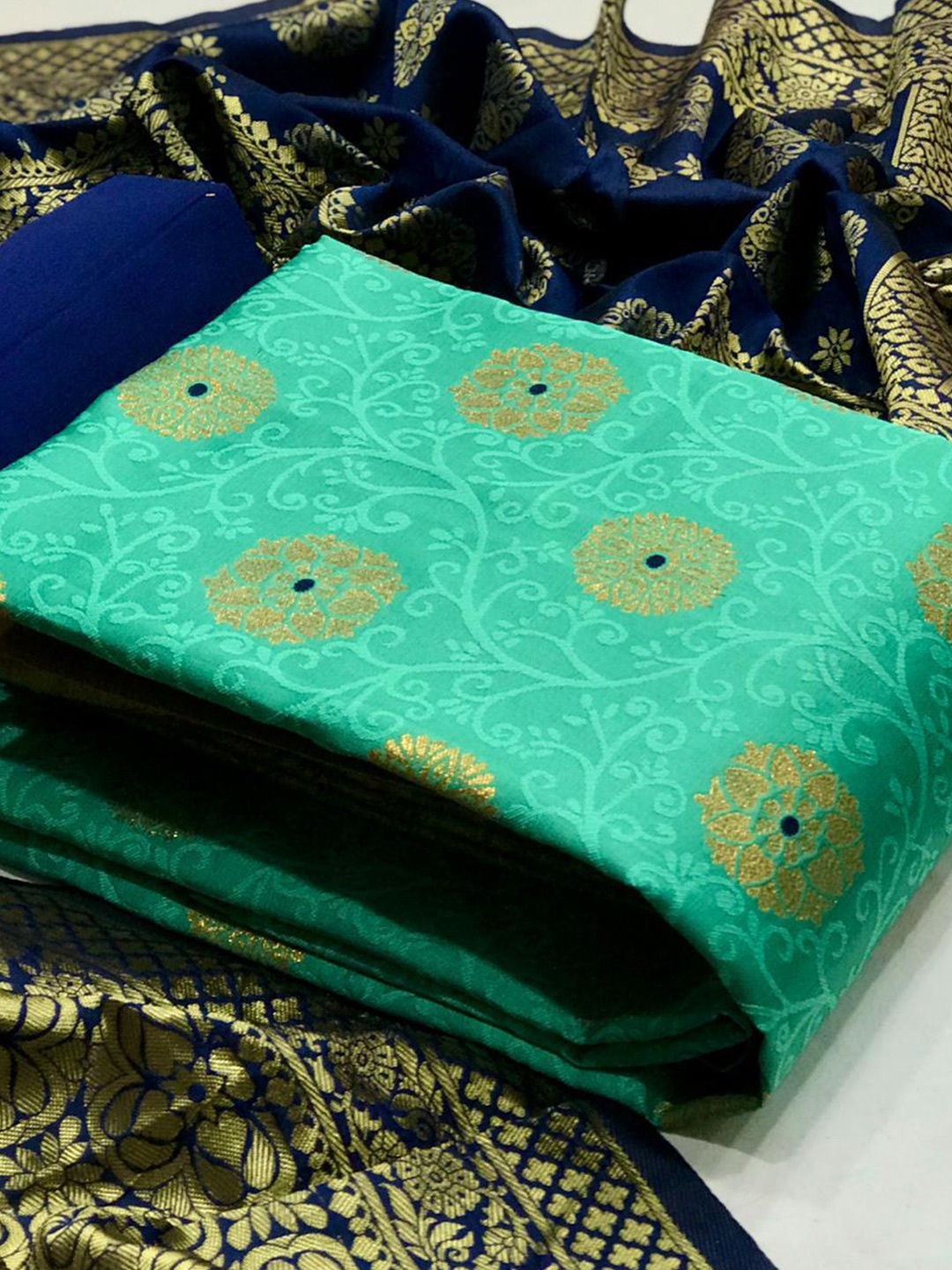 

MORLY Sea Green & Blue Dupion Silk Unstitched Dress Material