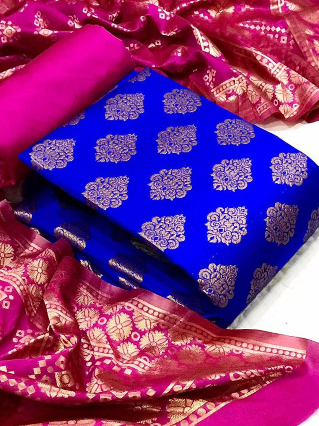 

MORLY Blue & Pink Dupion Silk Unstitched Dress Material