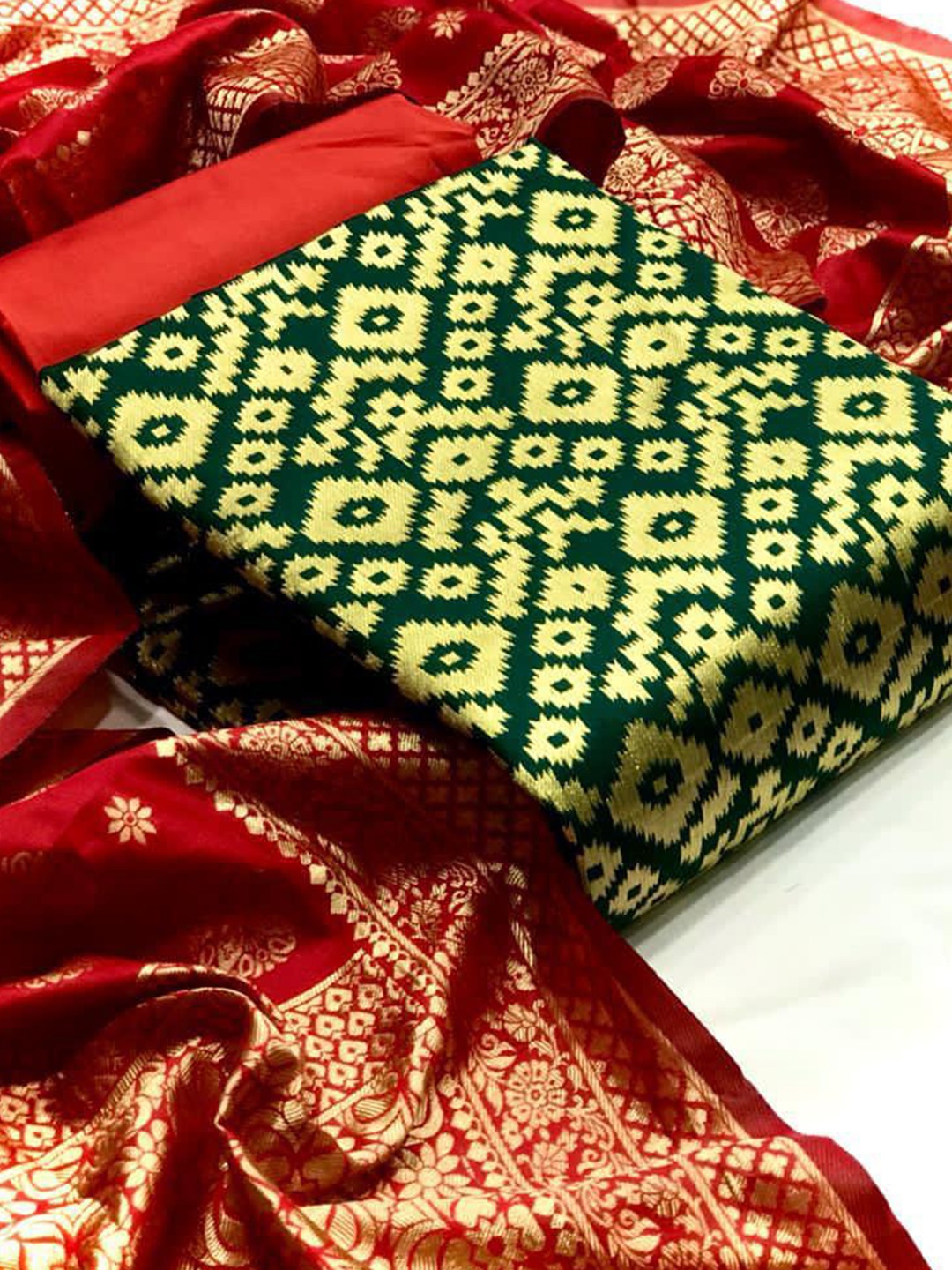 

MORLY Green & Red Dupion Silk Unstitched Dress Material