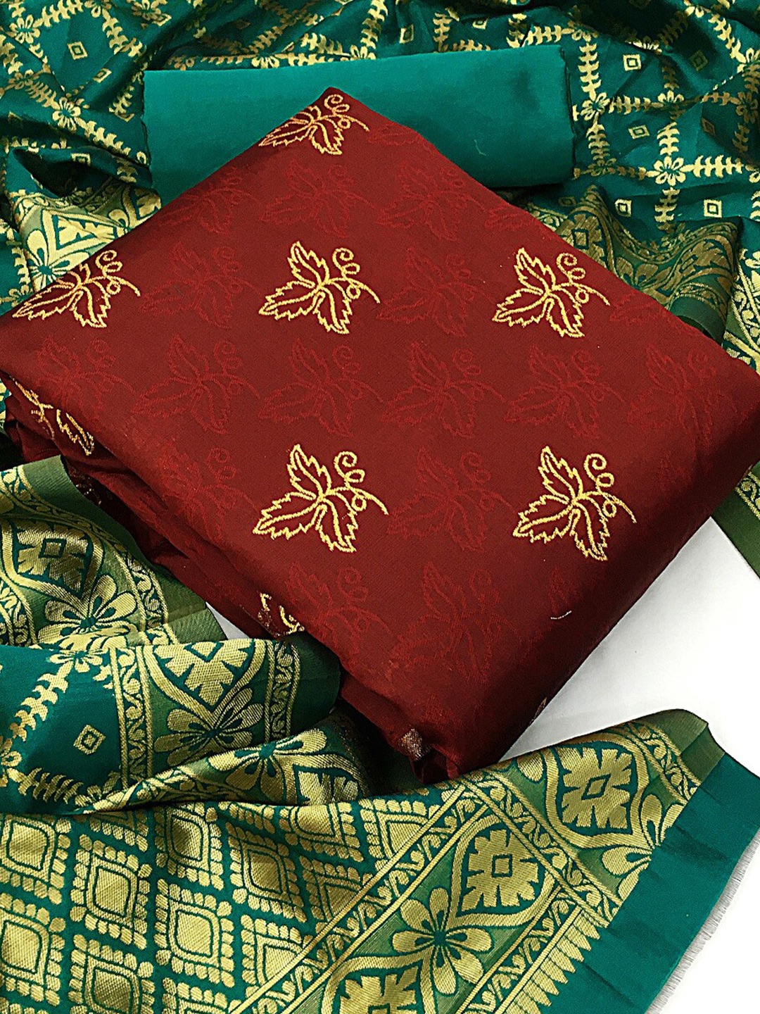 

MORLY Maroon & Green Dupion Silk Unstitched Dress Material