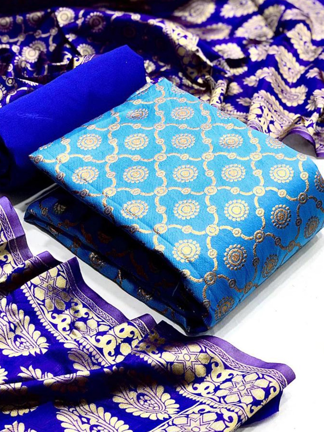 

MORLY Turquoise Blue & Gold-Toned Dupion Silk Unstitched Dress Material