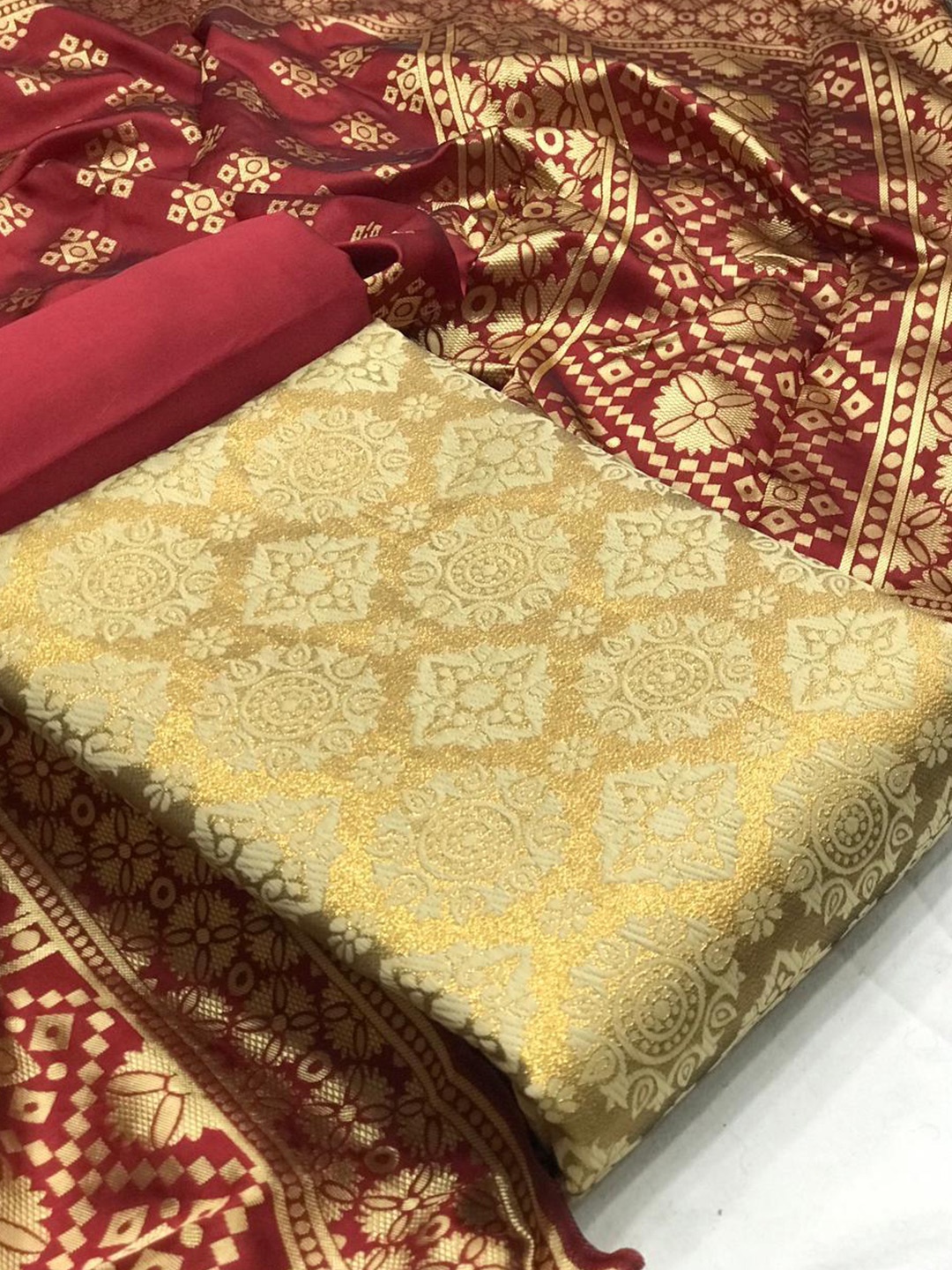 

MORLY Beige & Red Dupion Silk Unstitched Dress Material