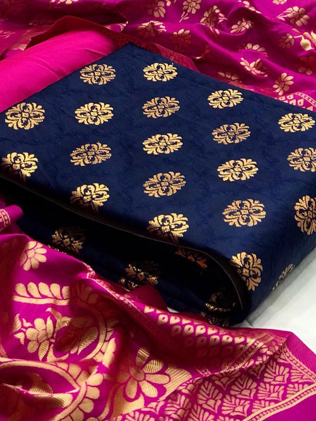 

MORLY Blue & Pink Dupion Silk Unstitched Dress Material