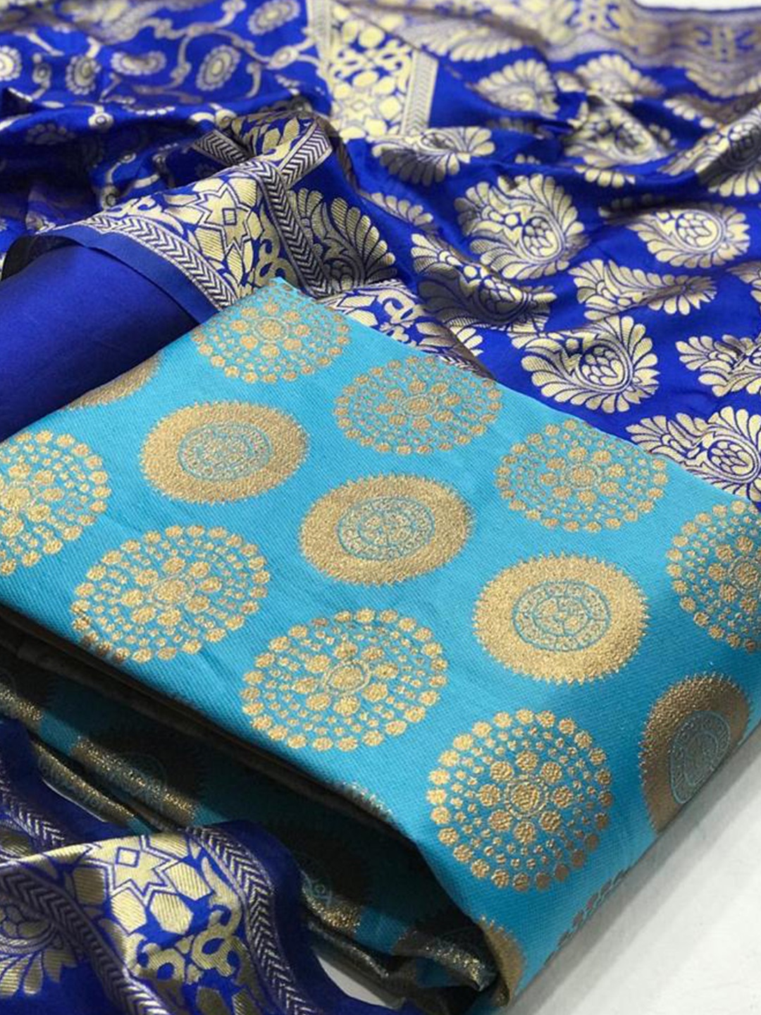 

MORLY Blue & Gold-Toned Dupion Silk Unstitched Dress Material