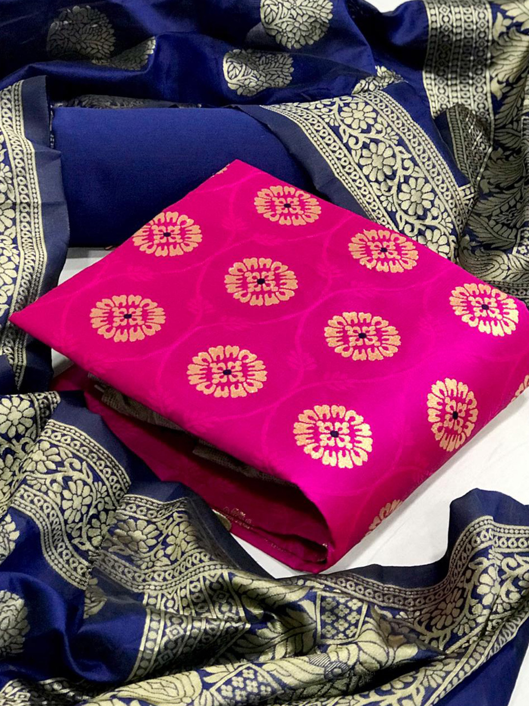 

MORLY Pink & Blue Dupion Silk Unstitched Dress Material
