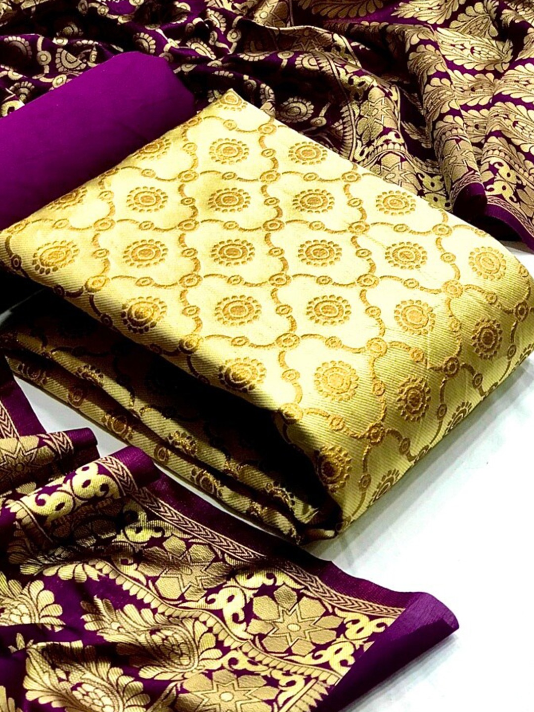 

MORLY Beige & Purple Dupion Silk Unstitched Dress Material