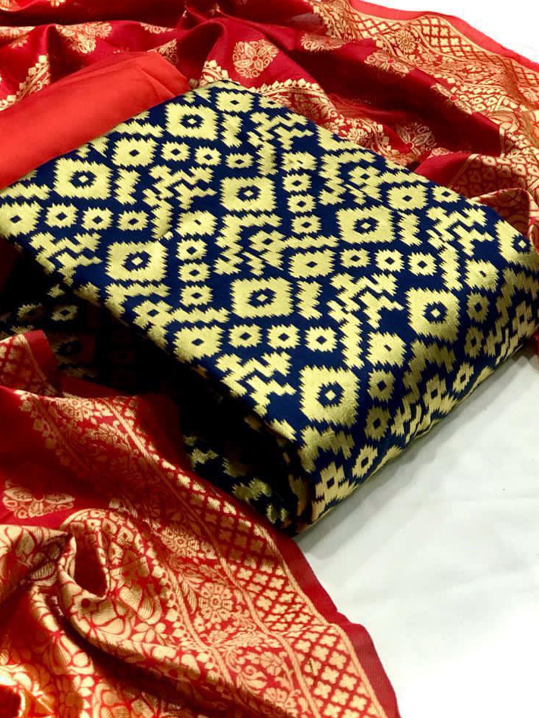 

MORLY Blue & Red Dupion Silk Unstitched Dress Material