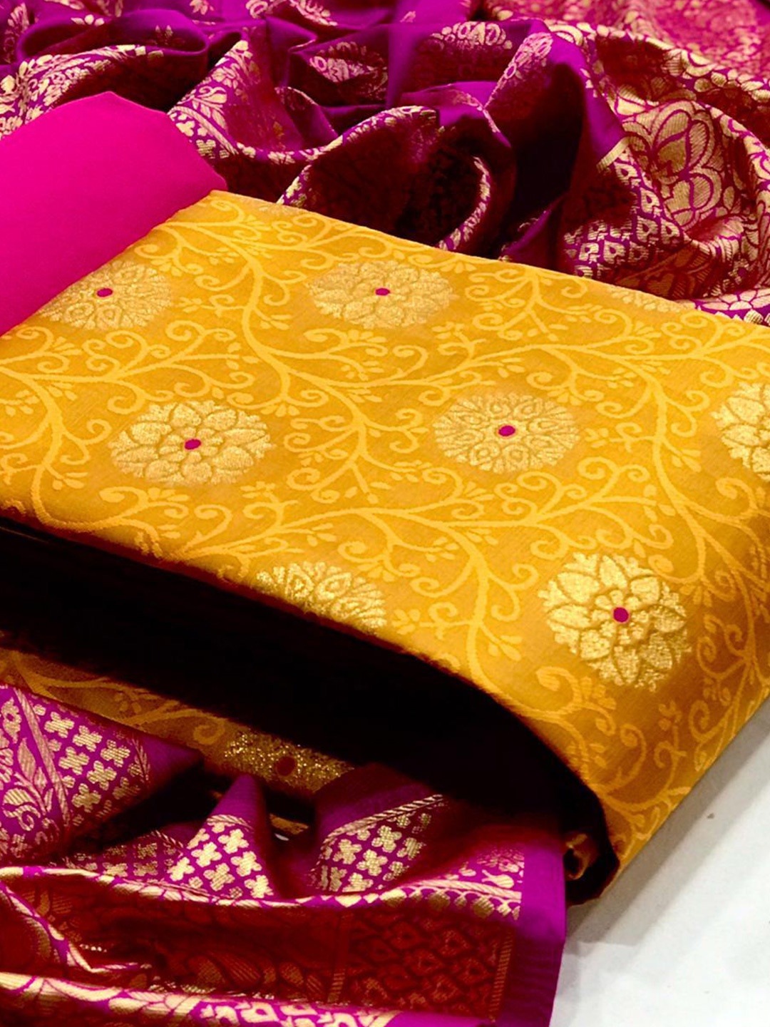 

MORLY Yellow & Pink Dupion Silk Unstitched Dress Material