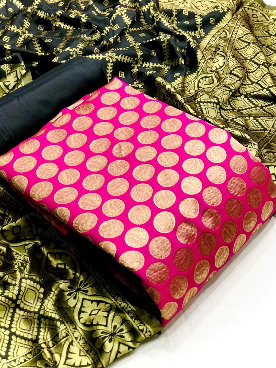 

MORLY Pink & Green Dupion Silk Unstitched Dress Material