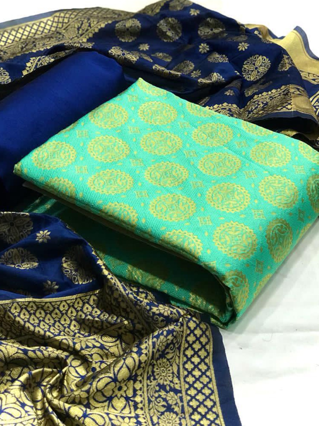 

MORLY Green & Navy Blue Dupion Silk Unstitched Dress Material