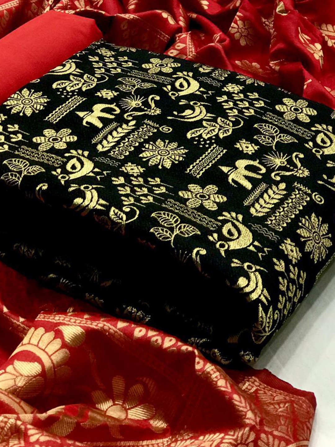 

MORLY Black & Red Dupion Silk Unstitched Dress Material