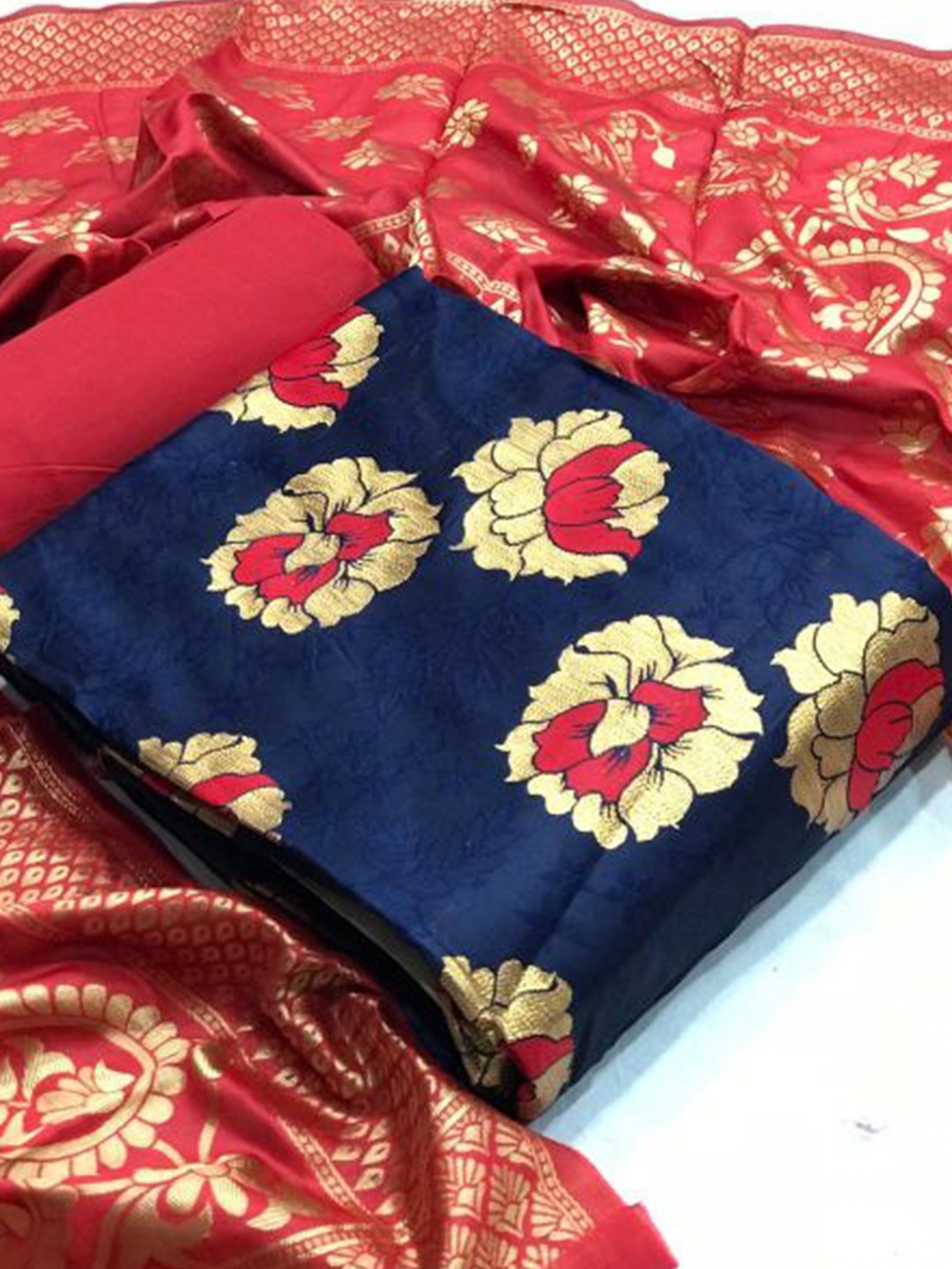 

MORLY Blue & Gold-Toned Dupion Silk Unstitched Dress Material