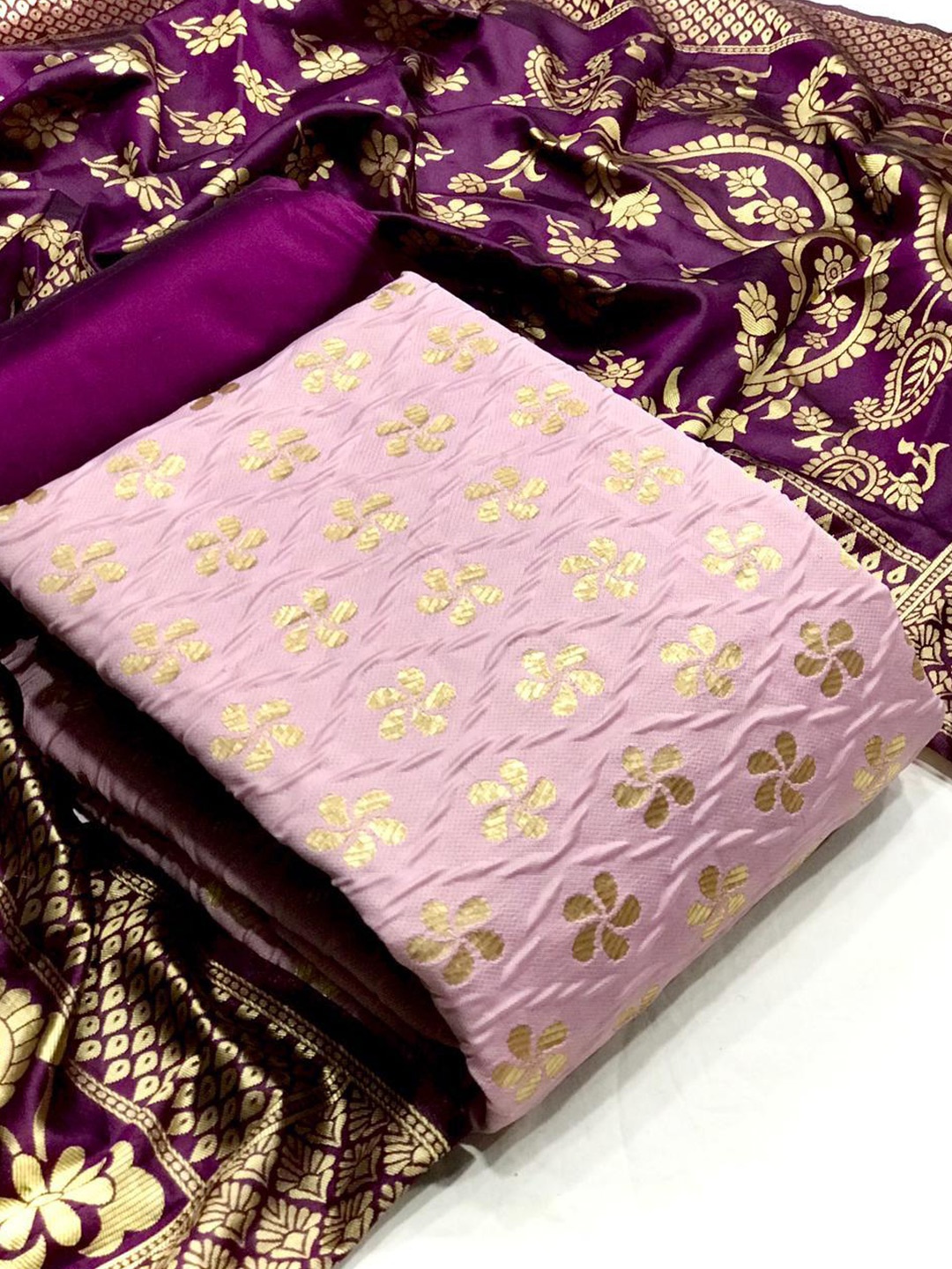 

MORLY Pink & Purple Dupion Silk Unstitched Dress Material