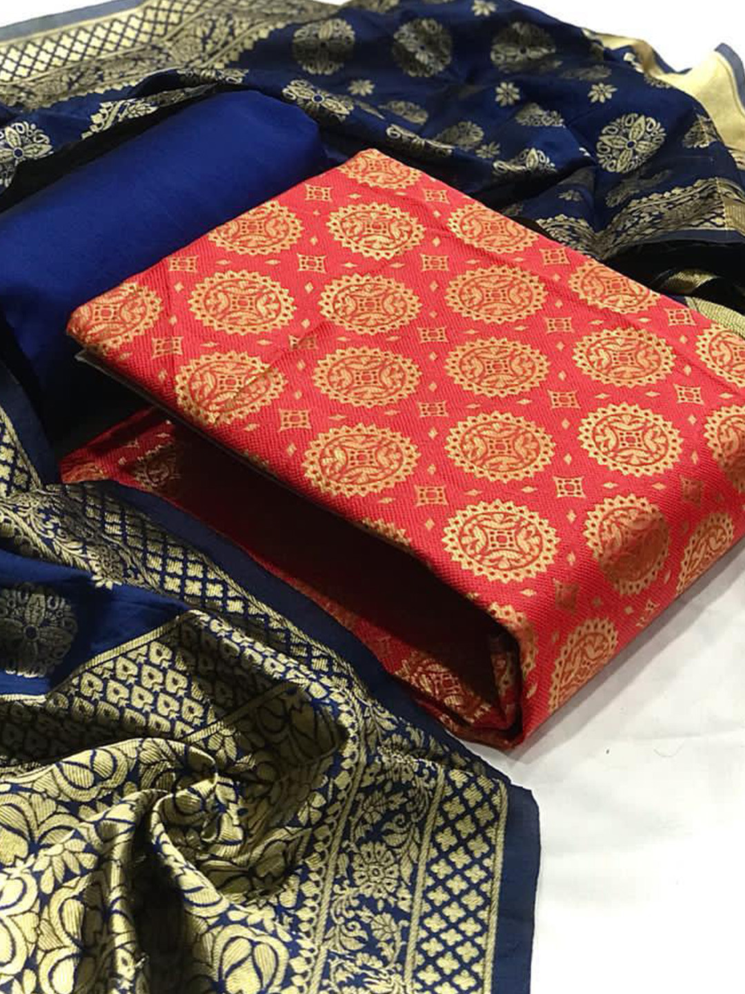 

MORLY Red & Red Dupion Silk Unstitched Dress Material