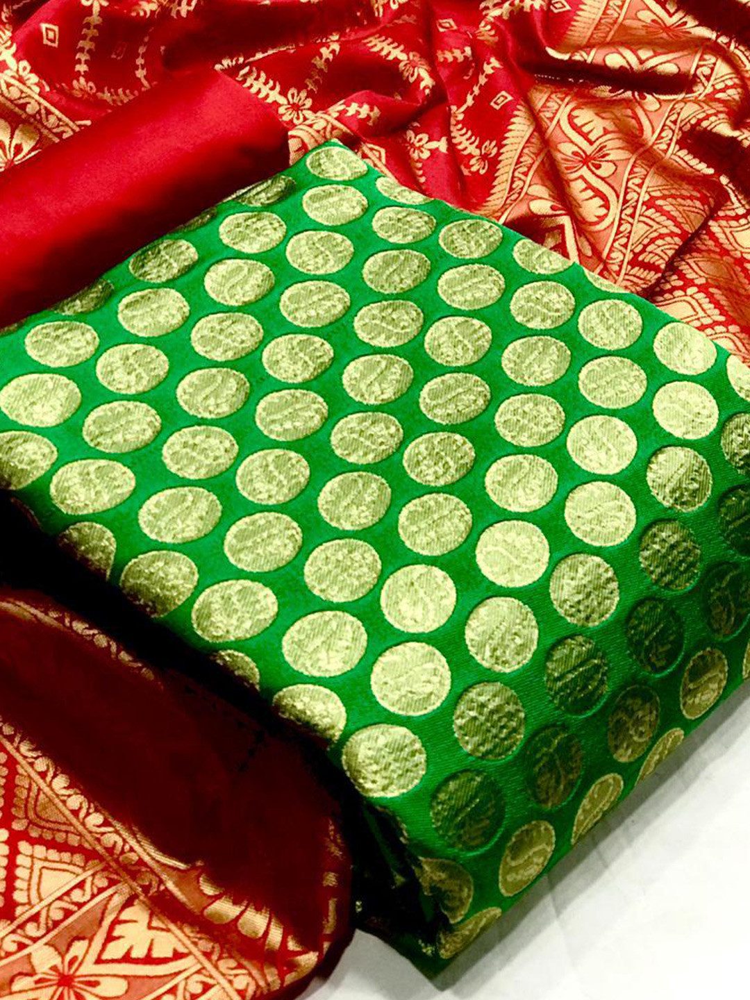 

MORLY Green & Red Dupion Silk Unstitched Dress Material