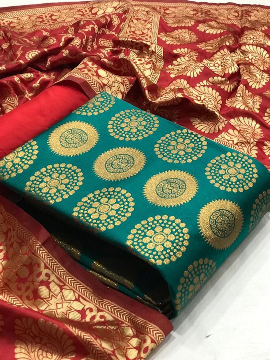 

MORLY Green & Red Dupion Silk Unstitched Dress Material