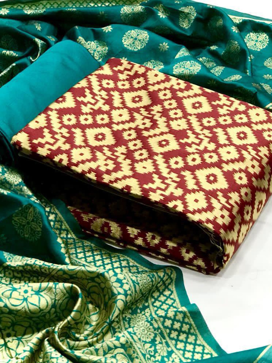 

MORLY Maroon & Green Dupion Silk Unstitched Dress Material