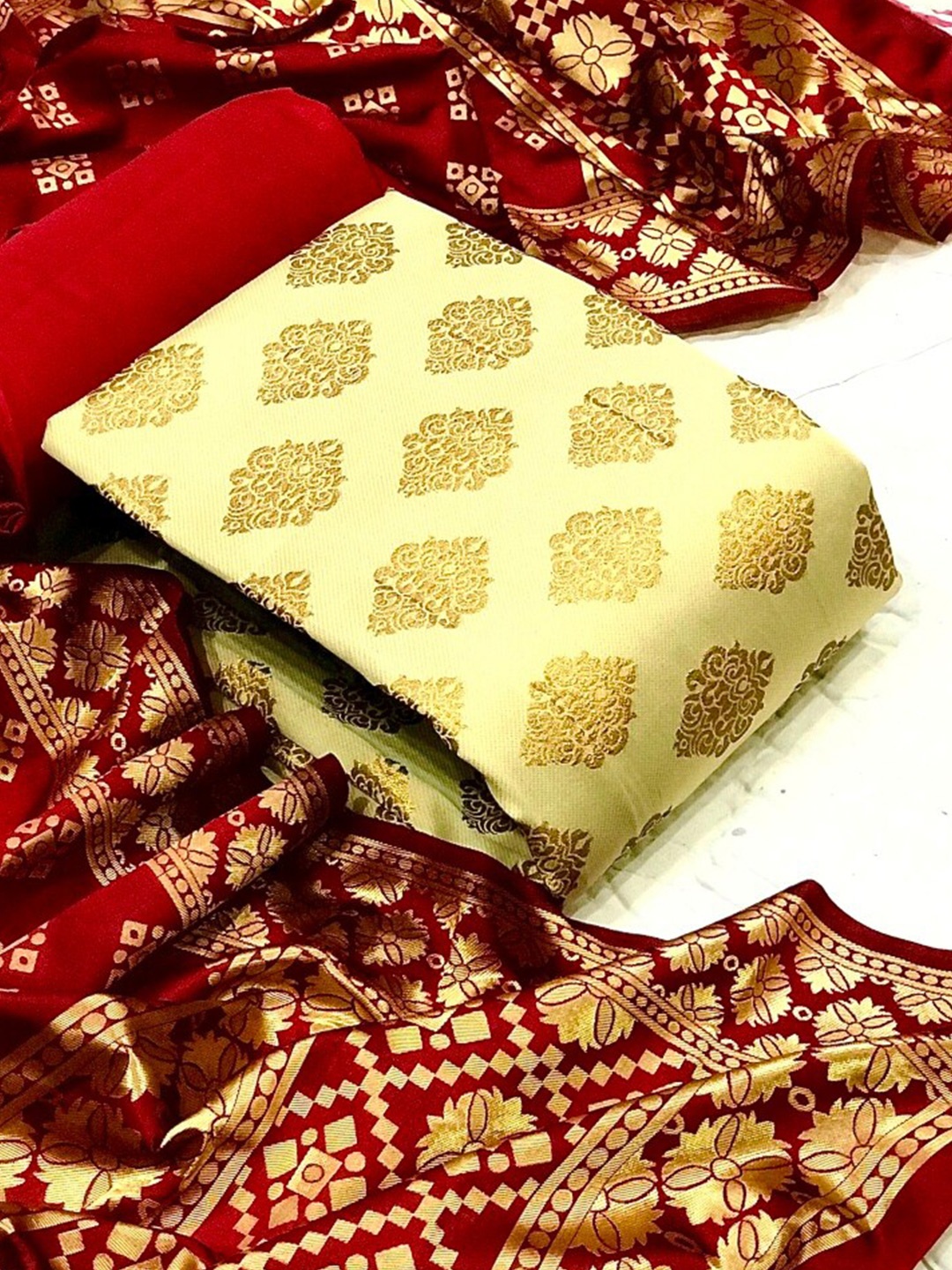 

MORLY Beige & Red Dupion Silk Unstitched Dress Material