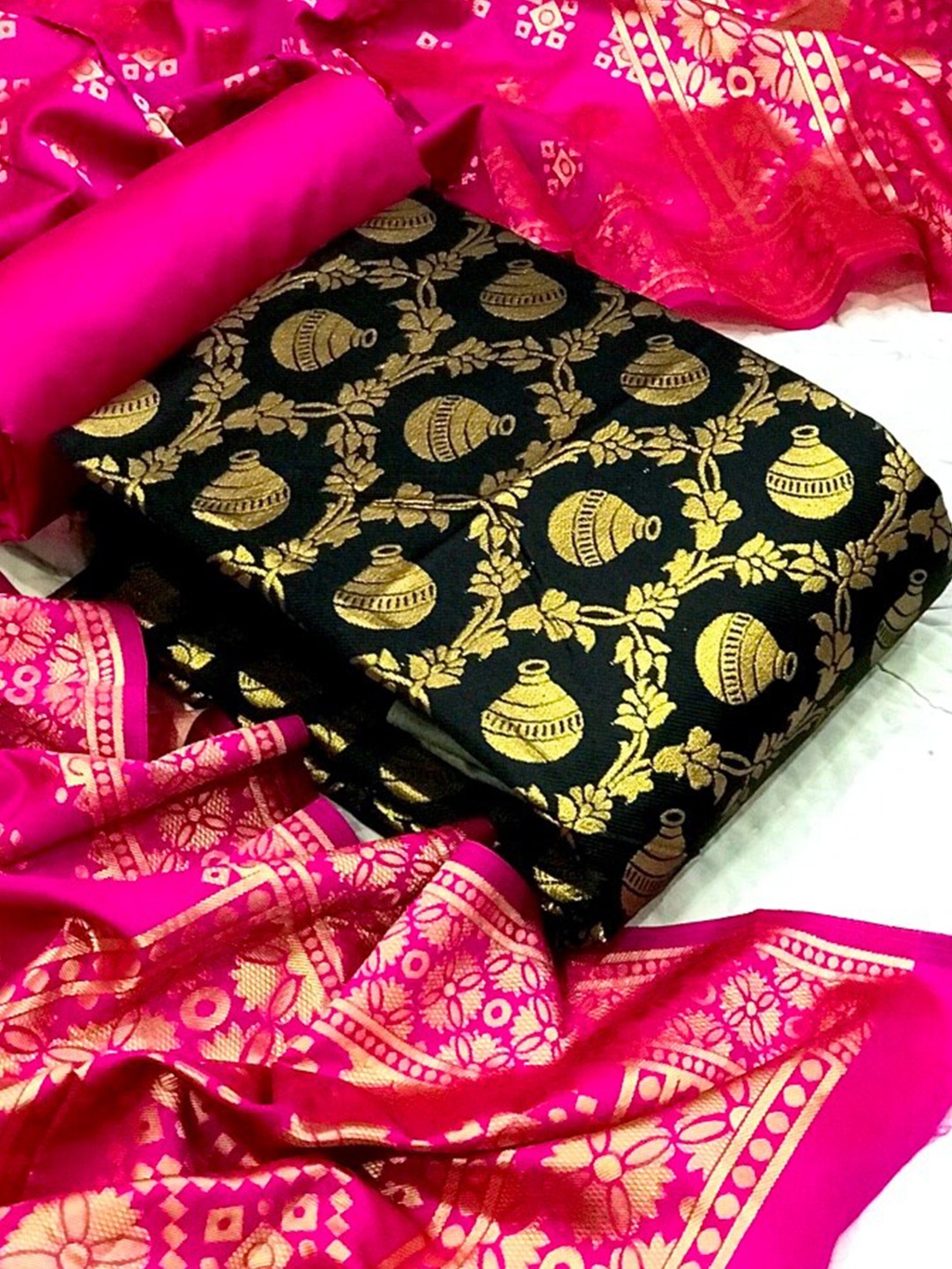 

MORLY Black & Pink Dupion Silk Unstitched Dress Material