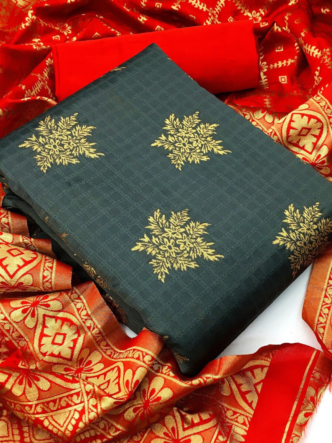 

MORLY Green & Red Dupion Silk Unstitched Dress Material