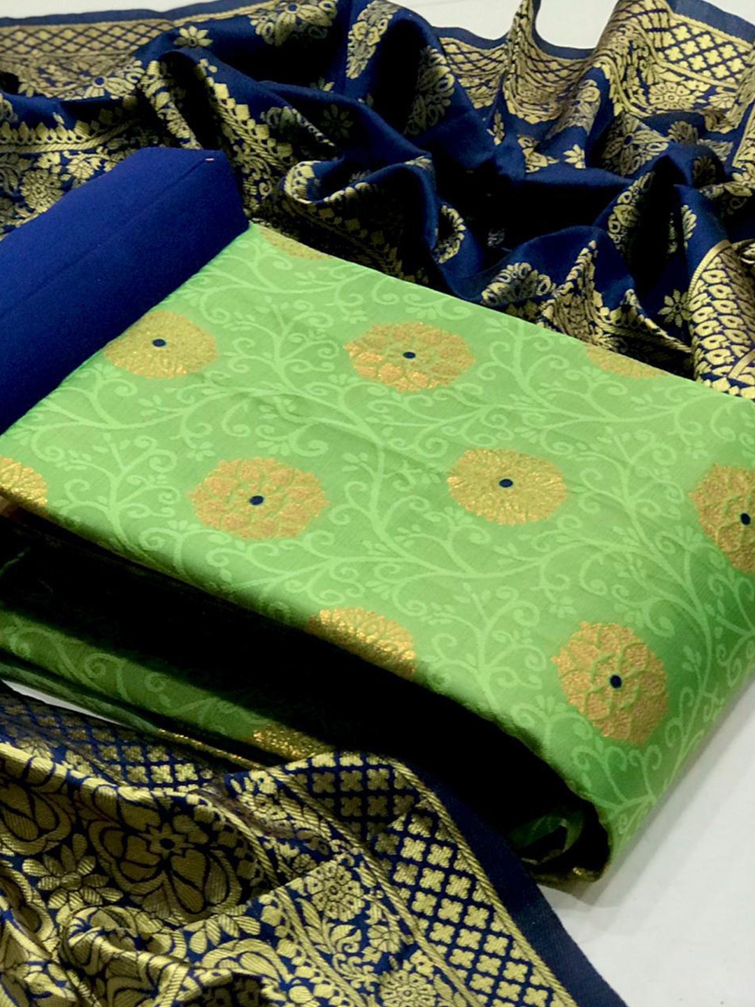 

MORLY Green & Blue Dupion Silk Unstitched Dress Material