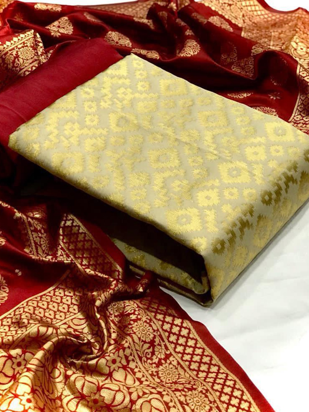 

MORLY Beige & Red Dupion Silk Unstitched Dress Material