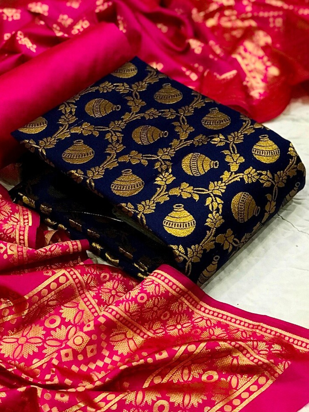 

MORLY Navy Blue & Pink Dupion Silk Unstitched Dress Material