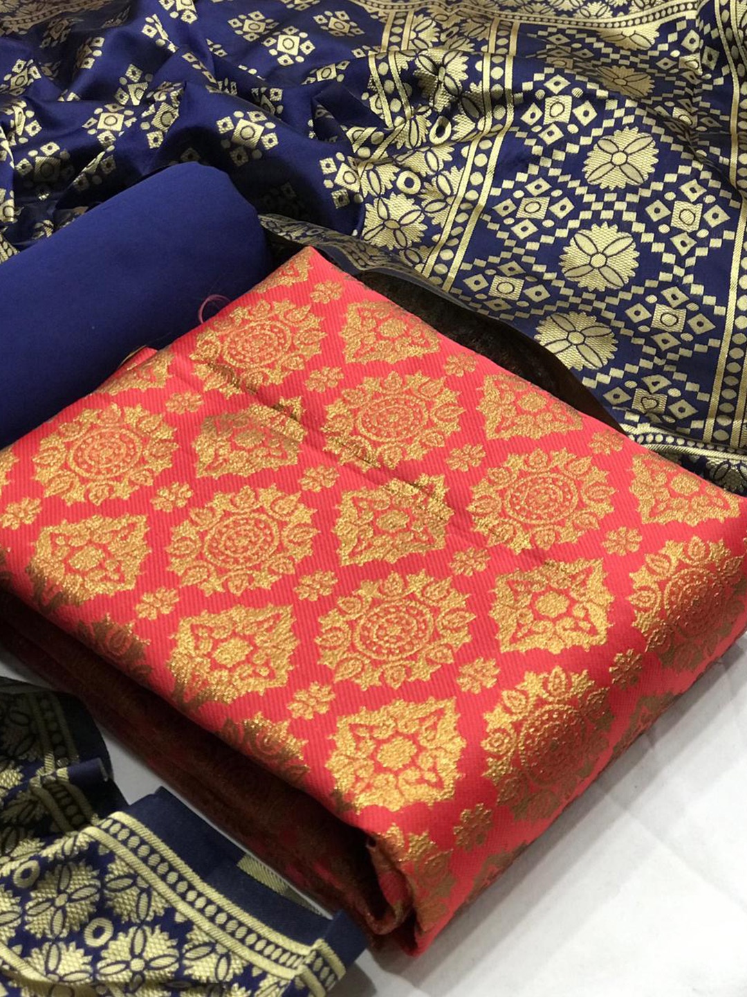 

MORLY Red & Blue Dupion Silk Unstitched Dress Material