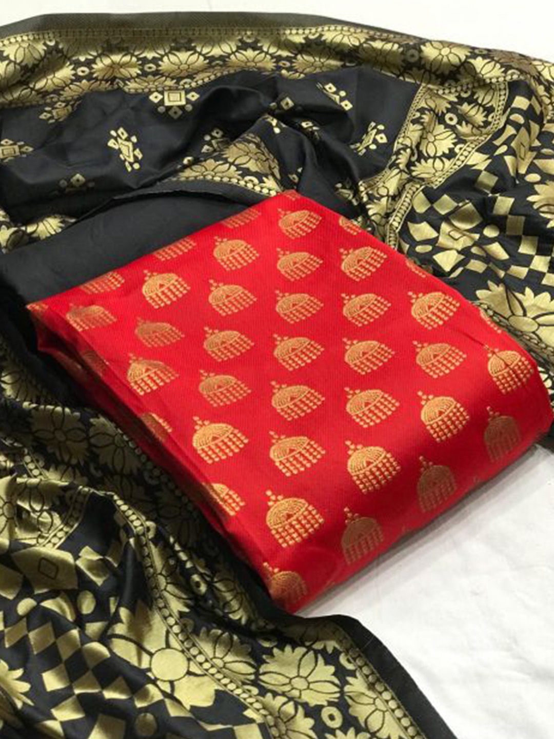 

MORLY Red & Black Dupion Silk Unstitched Dress Material
