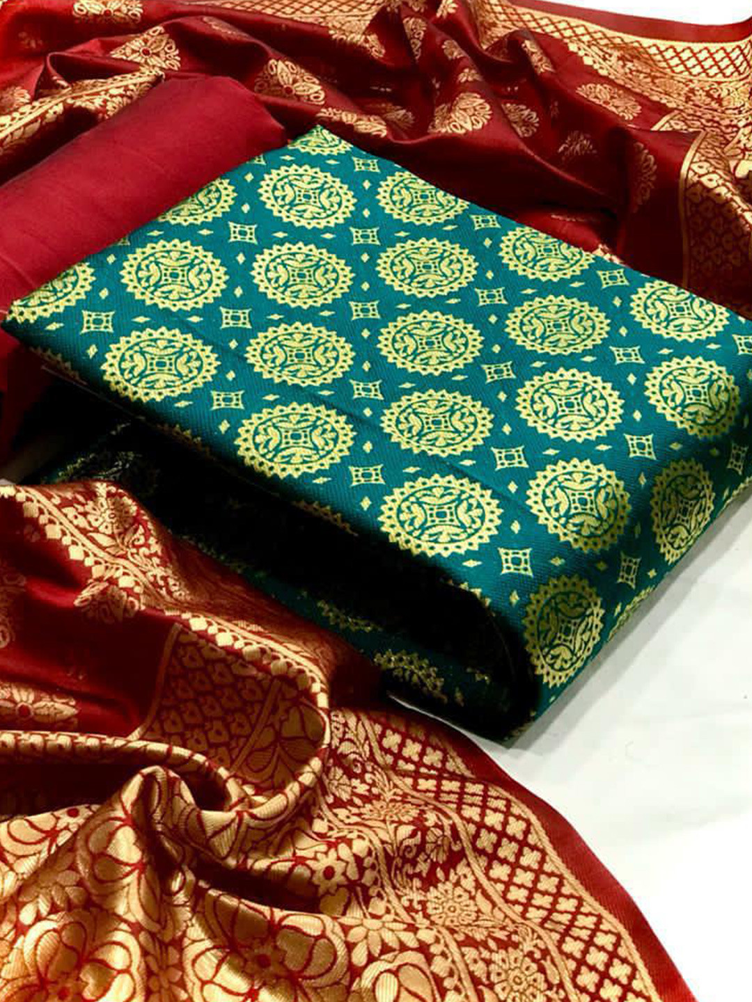 

MORLY Green & Red Dupion Silk Unstitched Dress Material