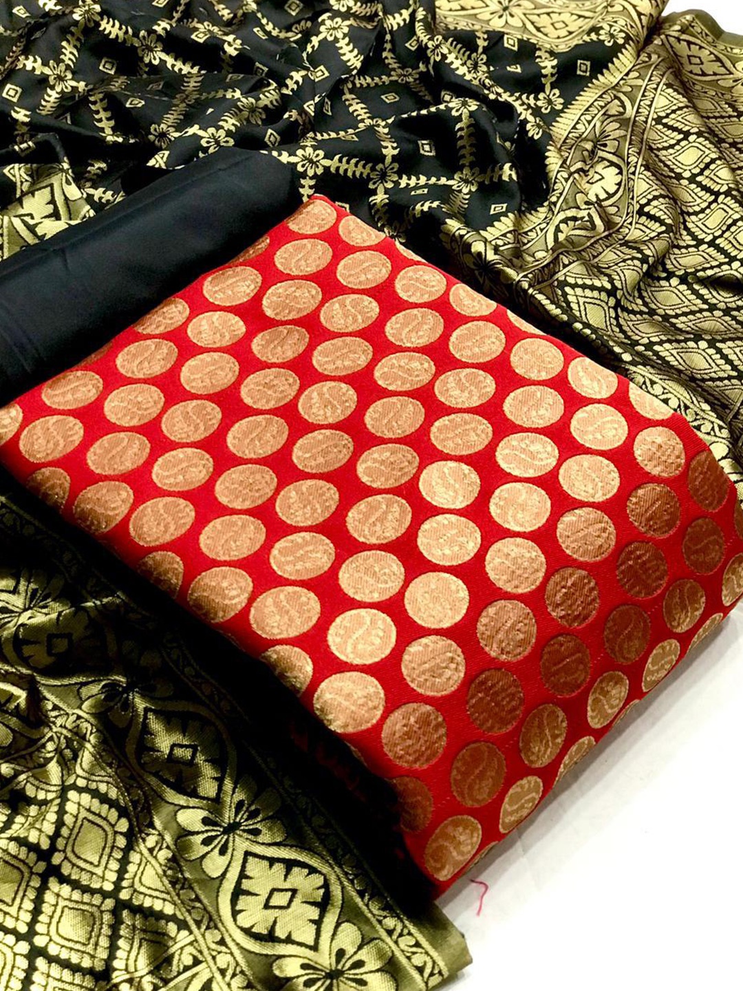 

MORLY Red & Black Dupion Silk Unstitched Dress Material