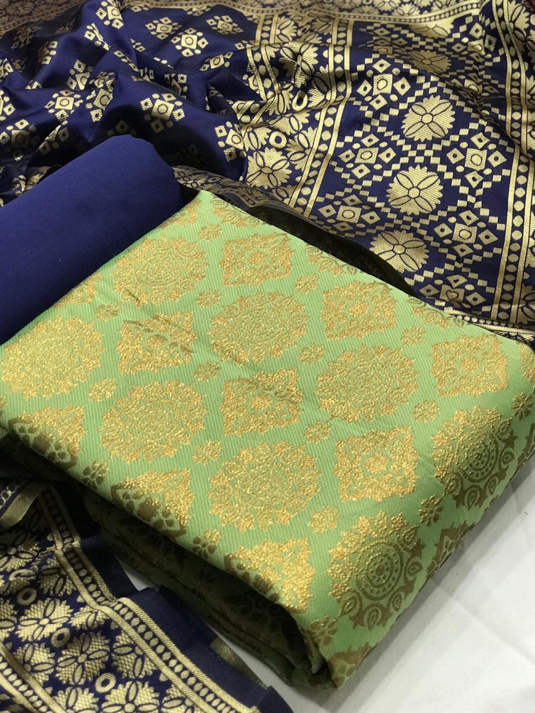 

MORLY Green & Blue Dupion Silk Unstitched Dress Material