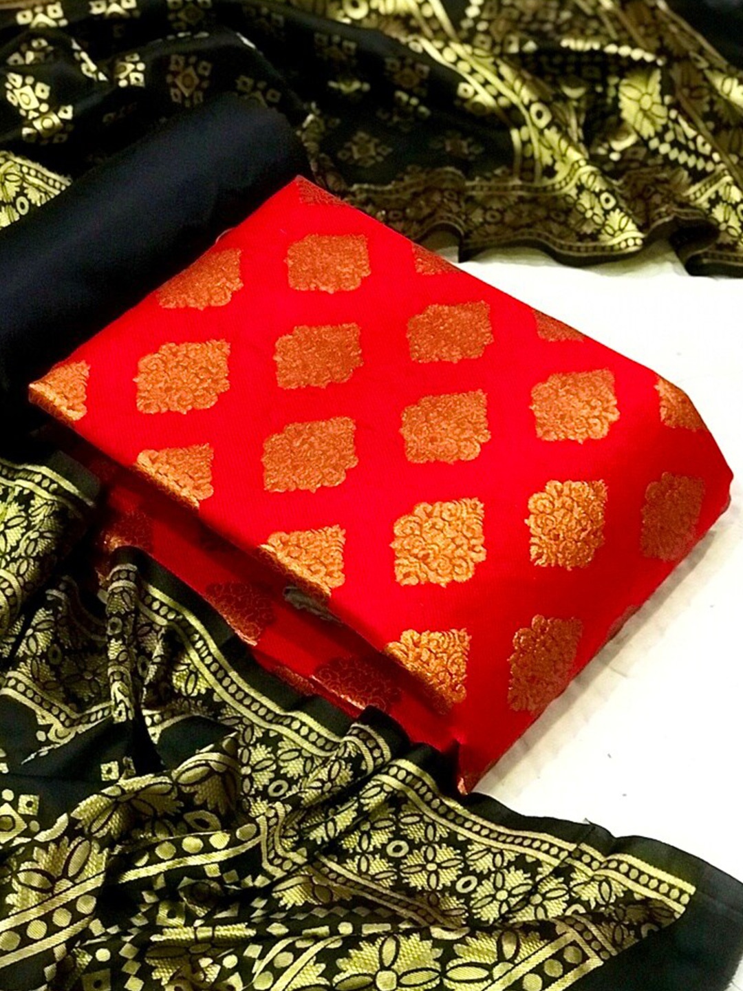 

MORLY Red & Black Dupion Silk Unstitched Dress Material
