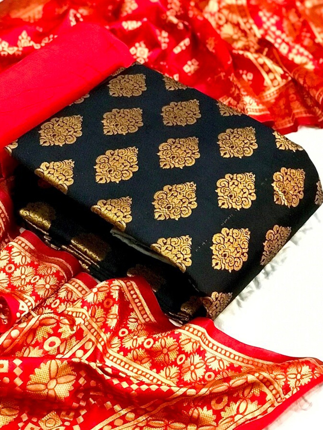 

MORLY Black & Red Dupion Silk Unstitched Dress Material