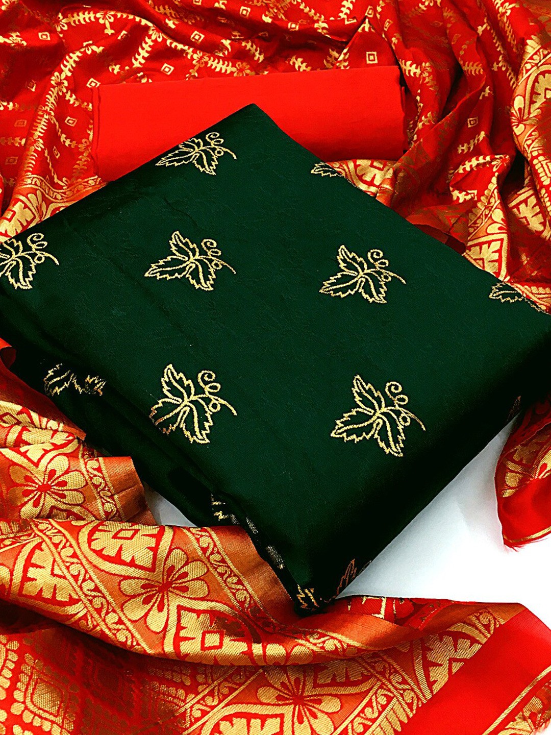 

MORLY Green & Red Dupion Silk Unstitched Dress Material