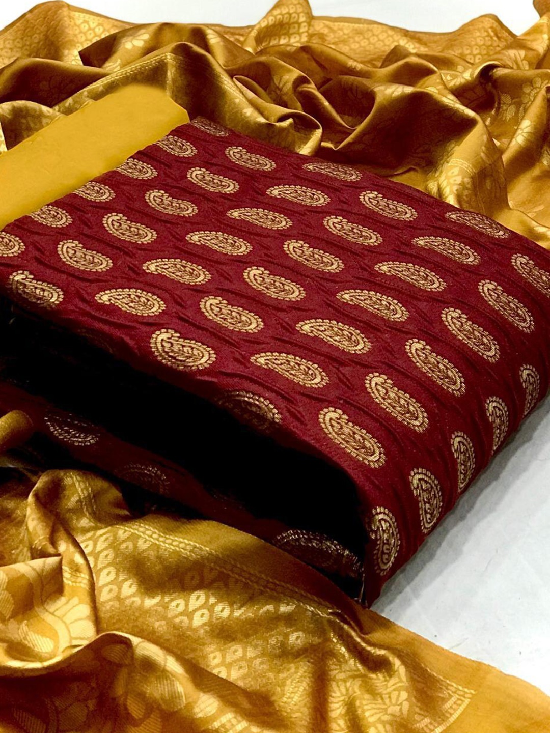 

MORLY Maroon & Mustard Dupion Silk Unstitched Dress Material
