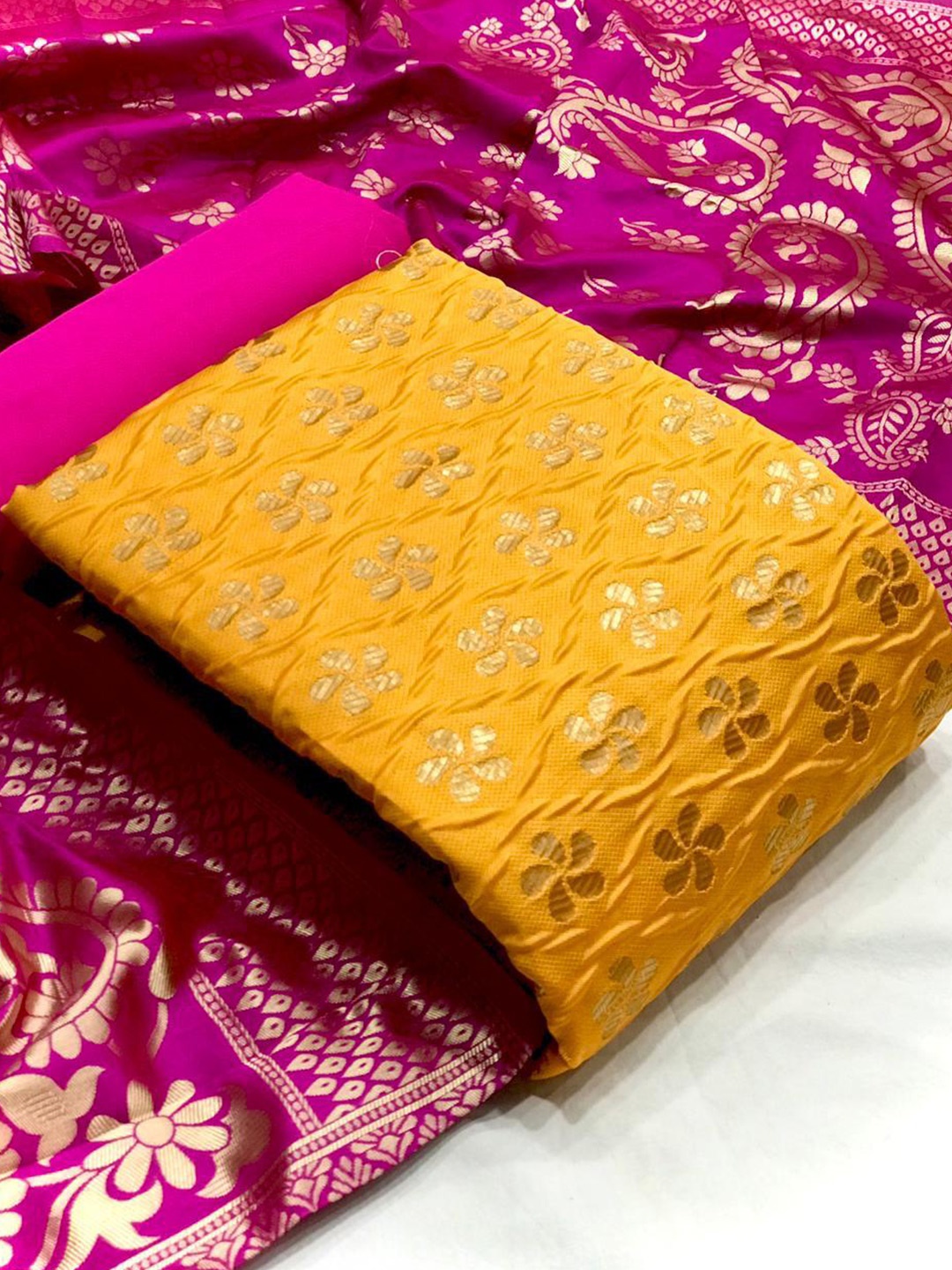 

MORLY Yellow & Pink Dupion Silk Unstitched Dress Material