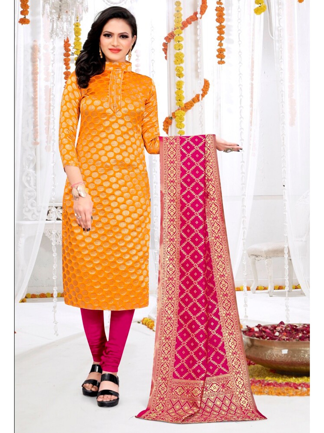 

MORLY Yellow & Pink Dupion Silk Unstitched Dress Material