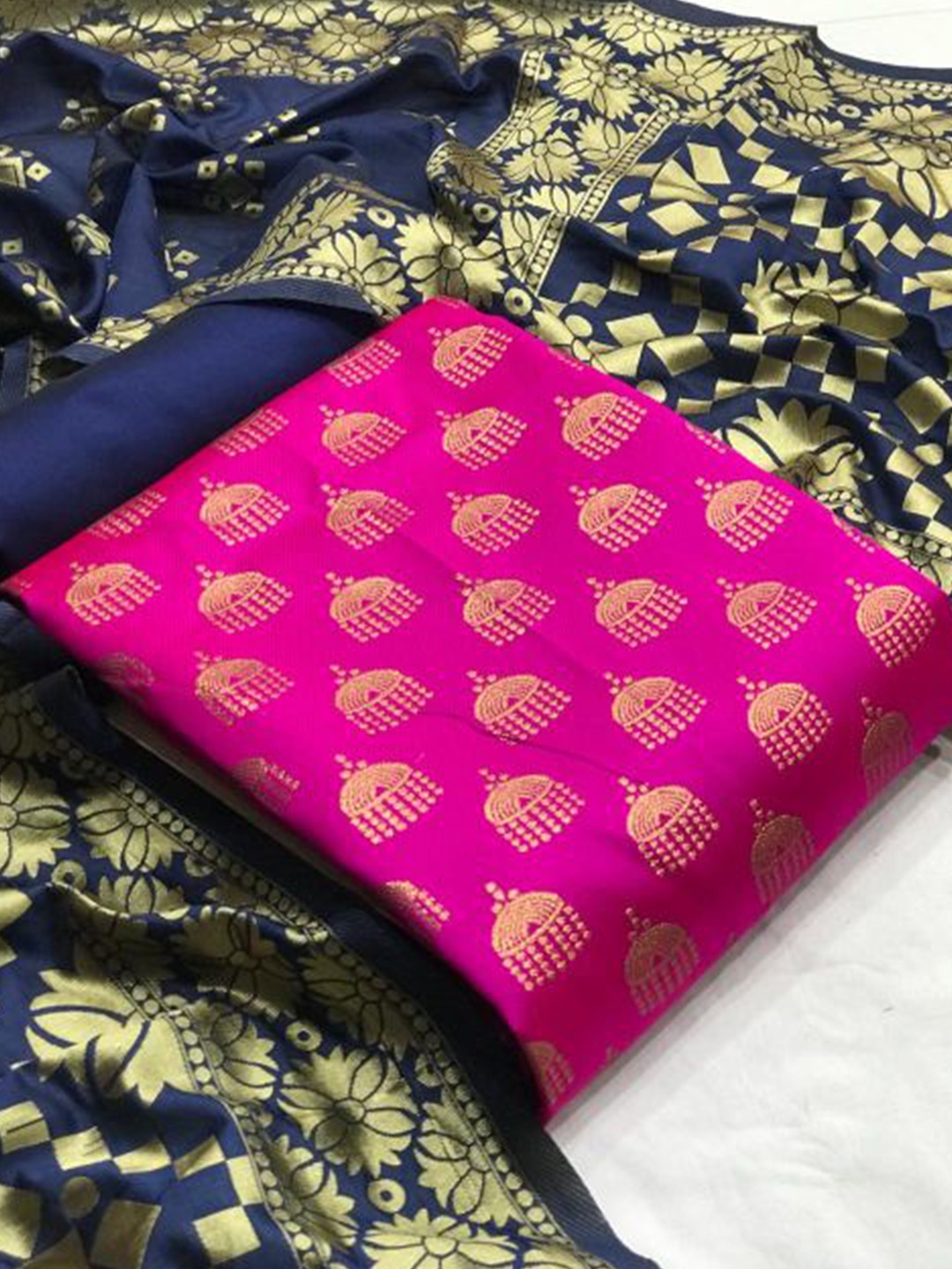 

MORLY Pink & Blue Dupion Silk Unstitched Dress Material