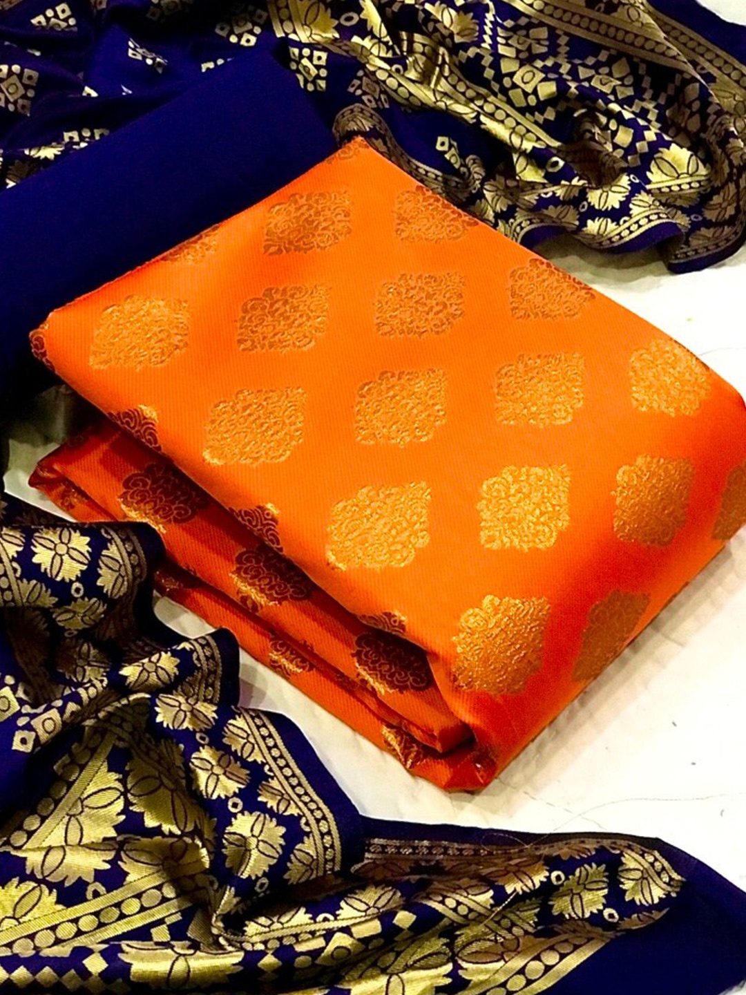 

MORLY Orange & Blue Dupion Silk Unstitched Dress Material