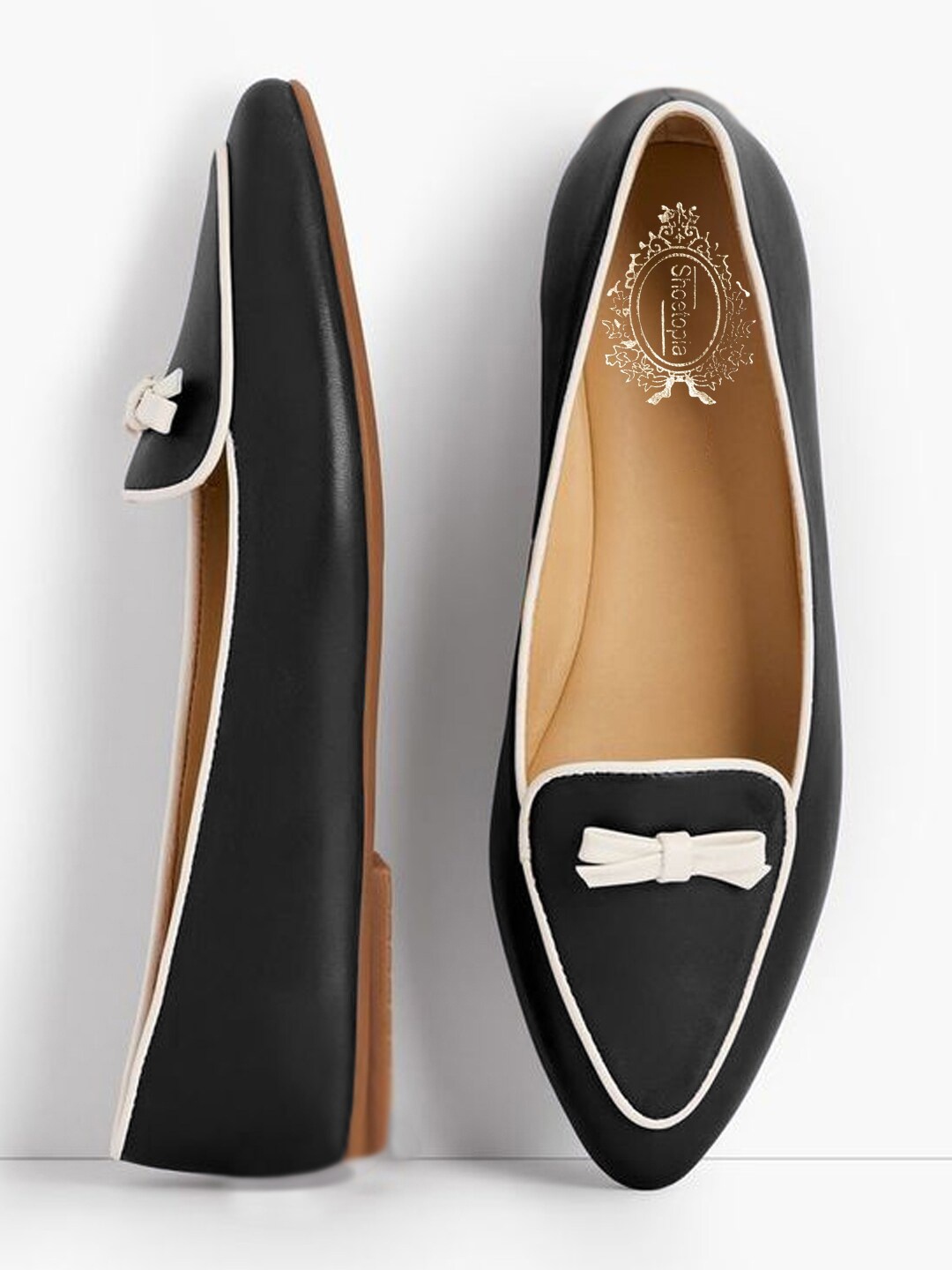 

Shoetopia Contrast Bow Embellished Ballerinas, Black