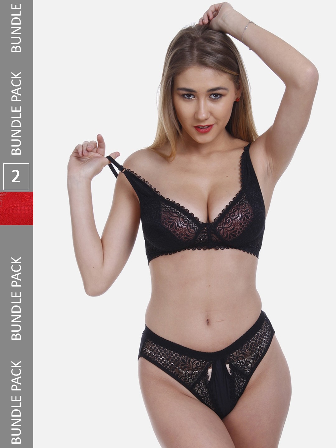 

FIMS Pack Of 2 Self-Design Lingerie Set NEW_Stone_Set_BlackRed_B, Black