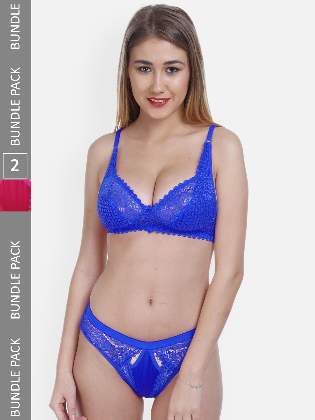 

FIMS Pack Of 2 Self-Design Lingerie Set NEW_Stone_Set_BluePink_B, Blue