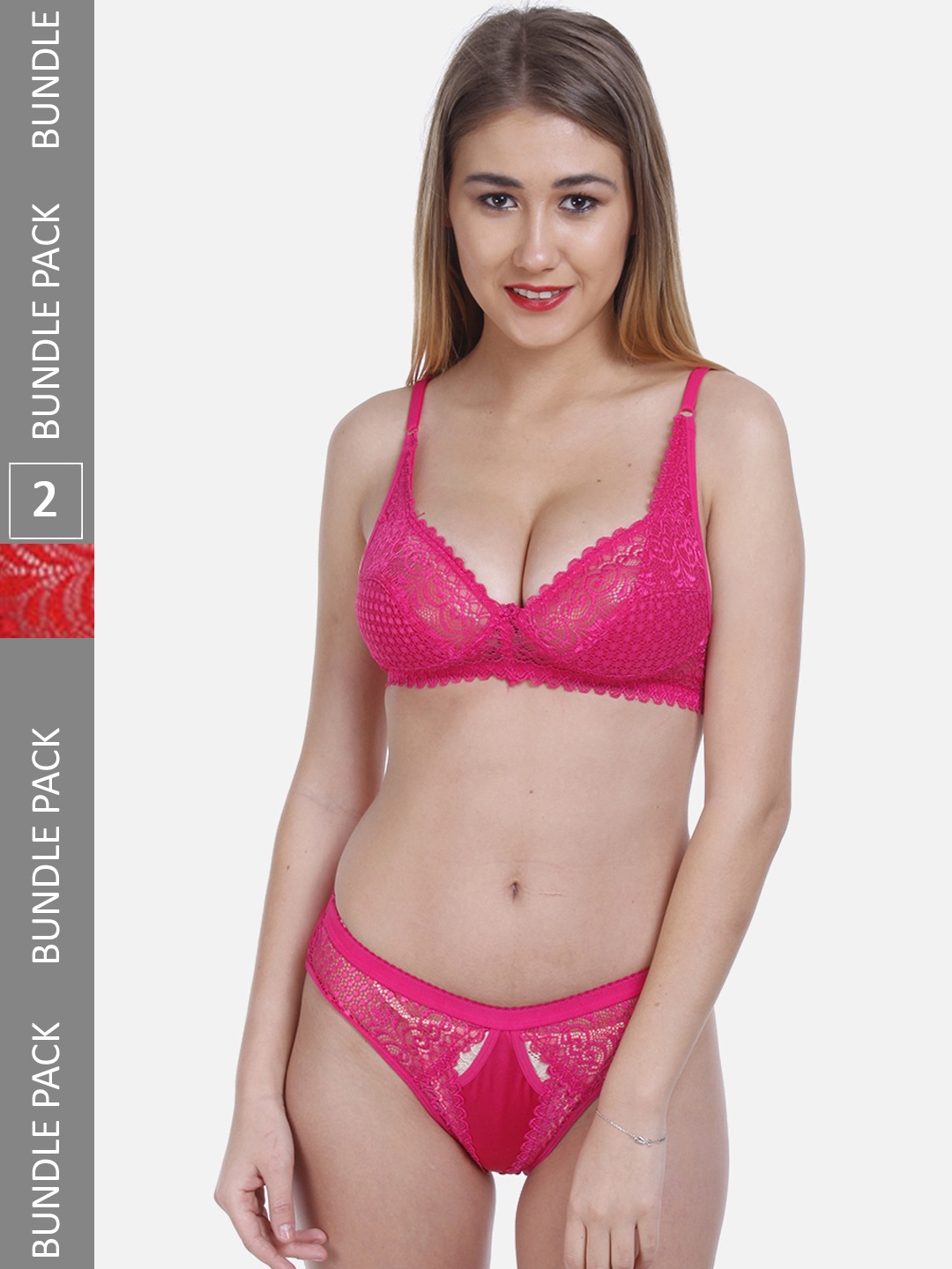 

FIMS Pack Of 2 Self-Design Lingerie Set NEW_Stone_Set_RedPink_B, Red