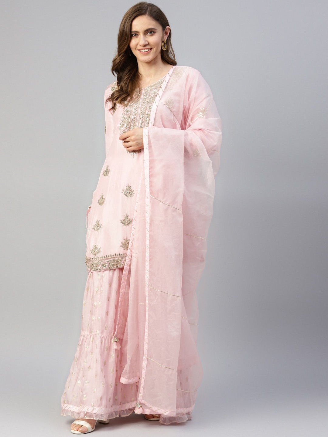 

Divena Embroidered Zardozi Chanderi Silk Kurta With Sharara & Dupatta, Pink