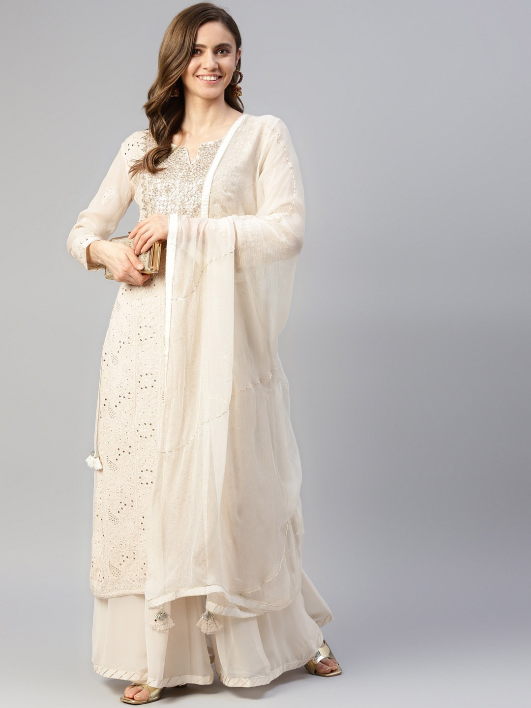 

Divena Embroidered Zardozi Silk Georgette Kurta With Palazzos & Dupatta, White