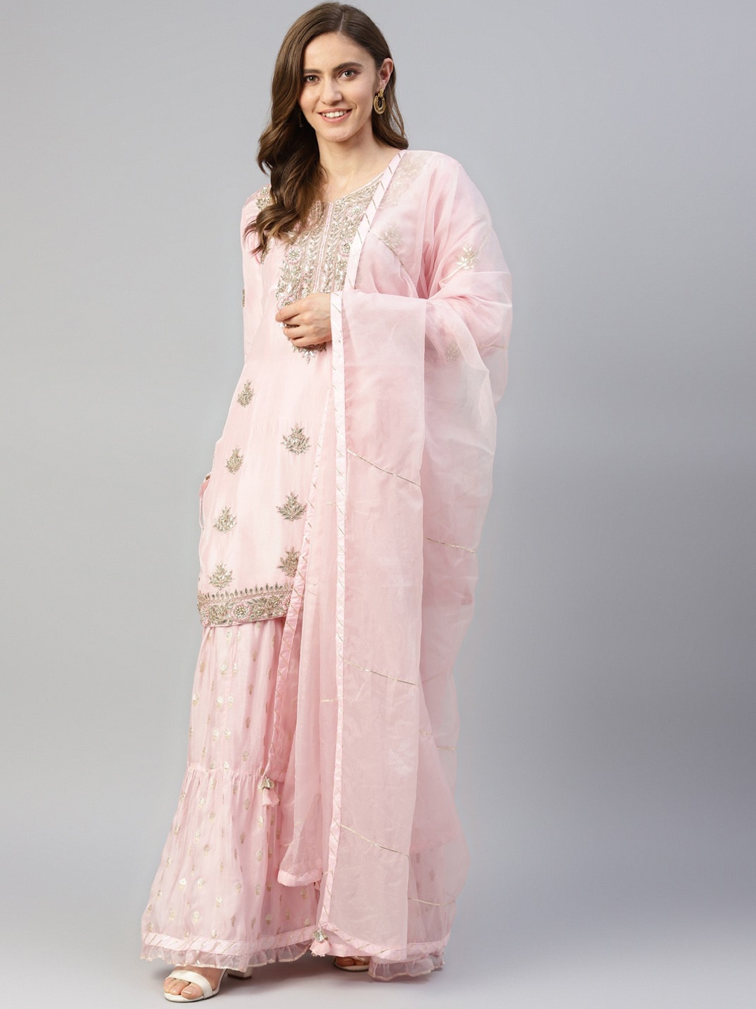 

Divena Floral Embroidered Zardozi Gotta Patti Chanderi Silk Kurta with Sharara & Dupatta, Pink